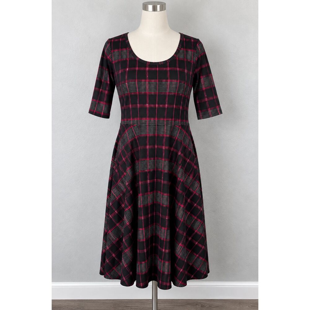 LuLaRoe Womens 2XL Black Pink Plaid Fit & Flare Midi Dress Half Sleeve NWOT
